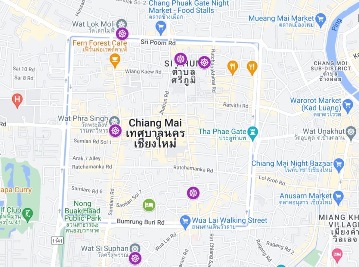 Carte temples Chiang Mai