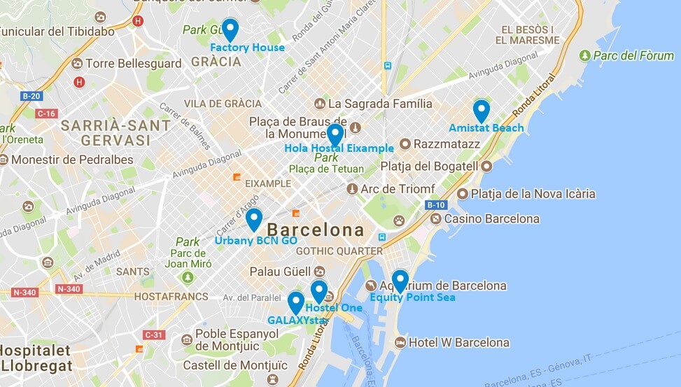 carte auberges jeunesse Barcelone