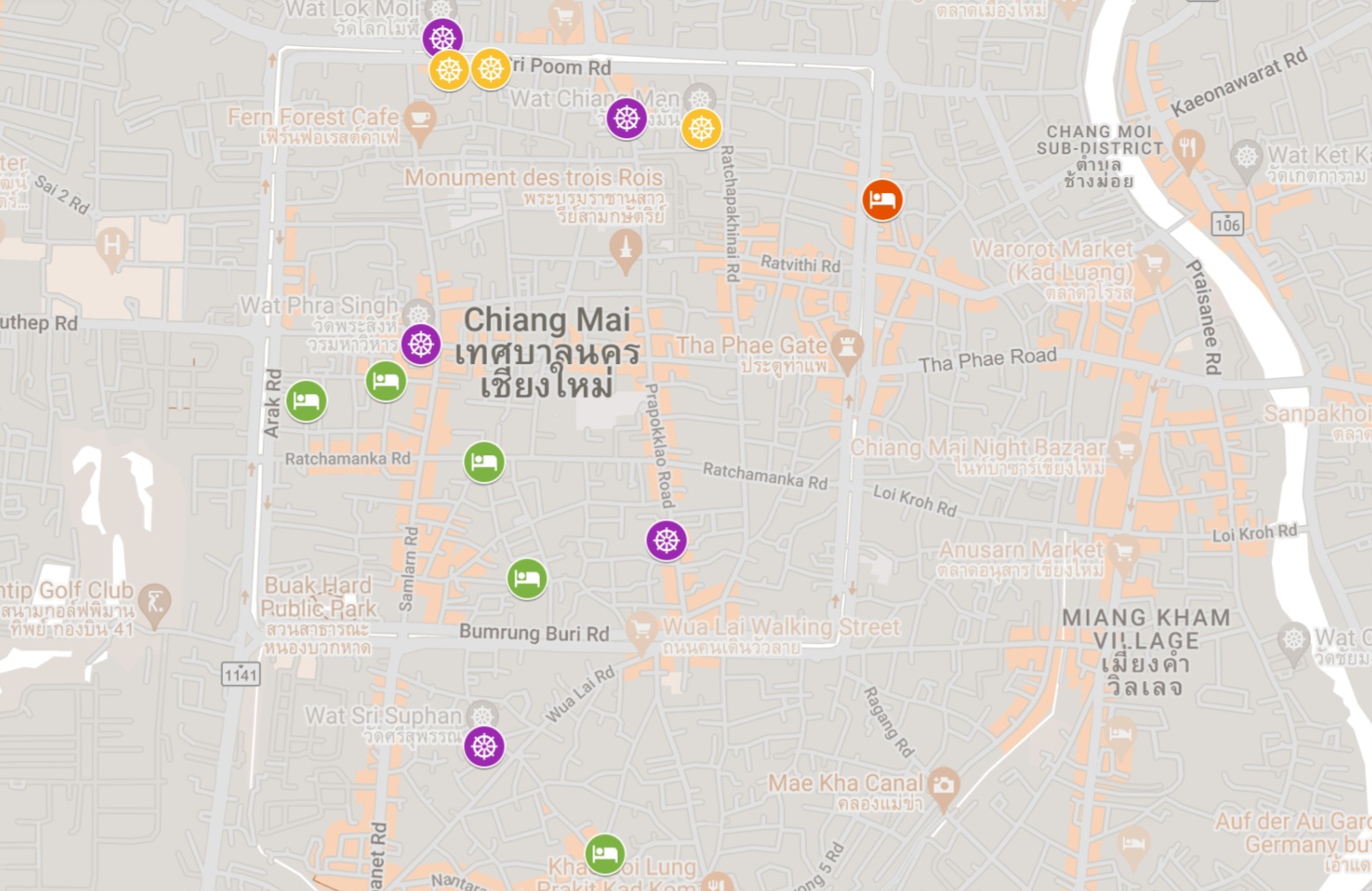Carte Chiang Mai logements temples