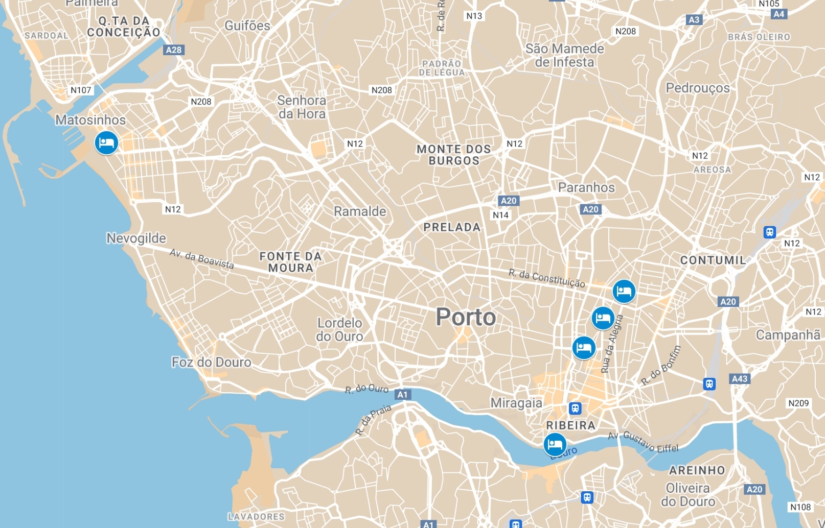 Carte hôtels Porto où dormir