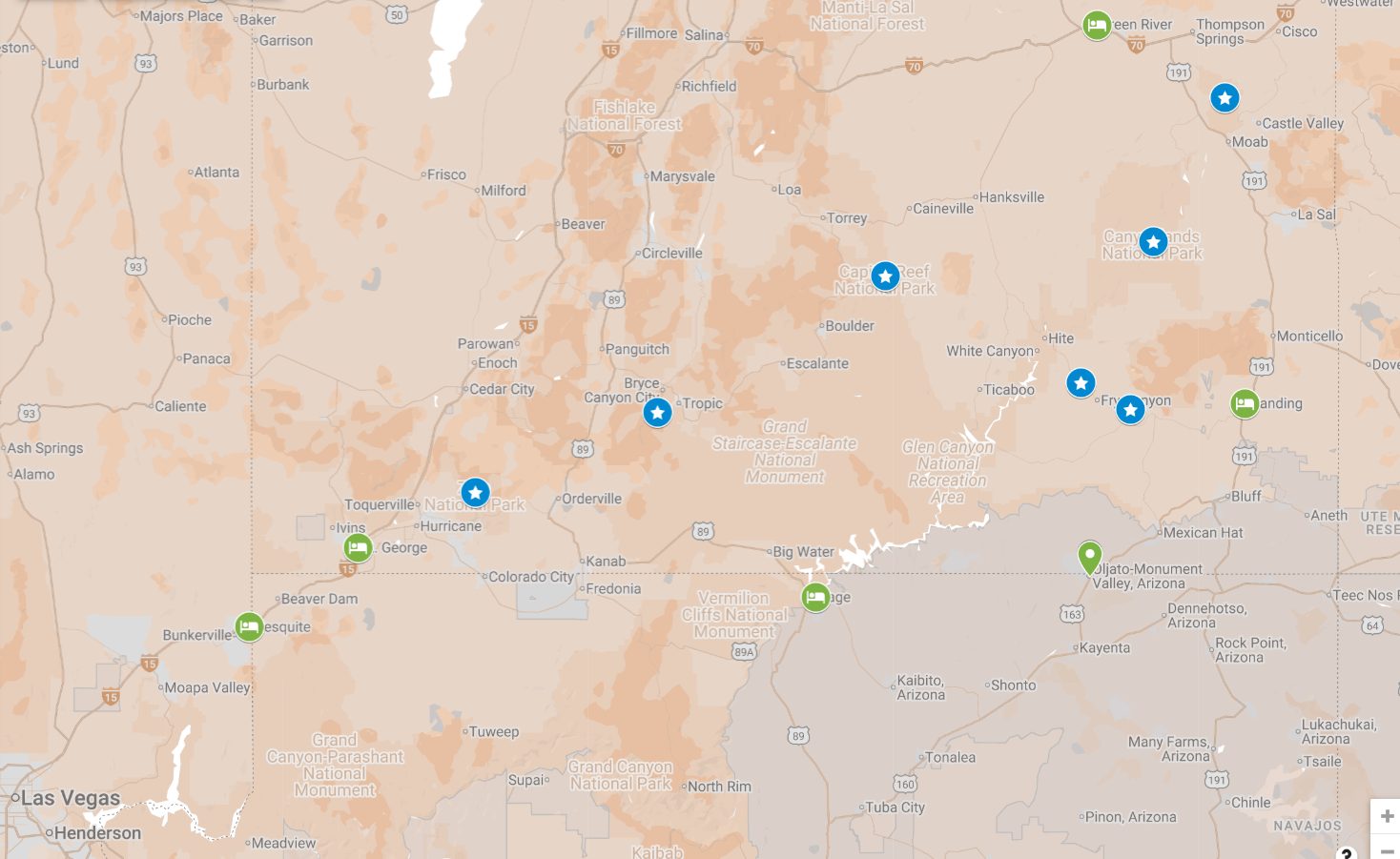 Carte des incontournables à visiter dans l'Utah