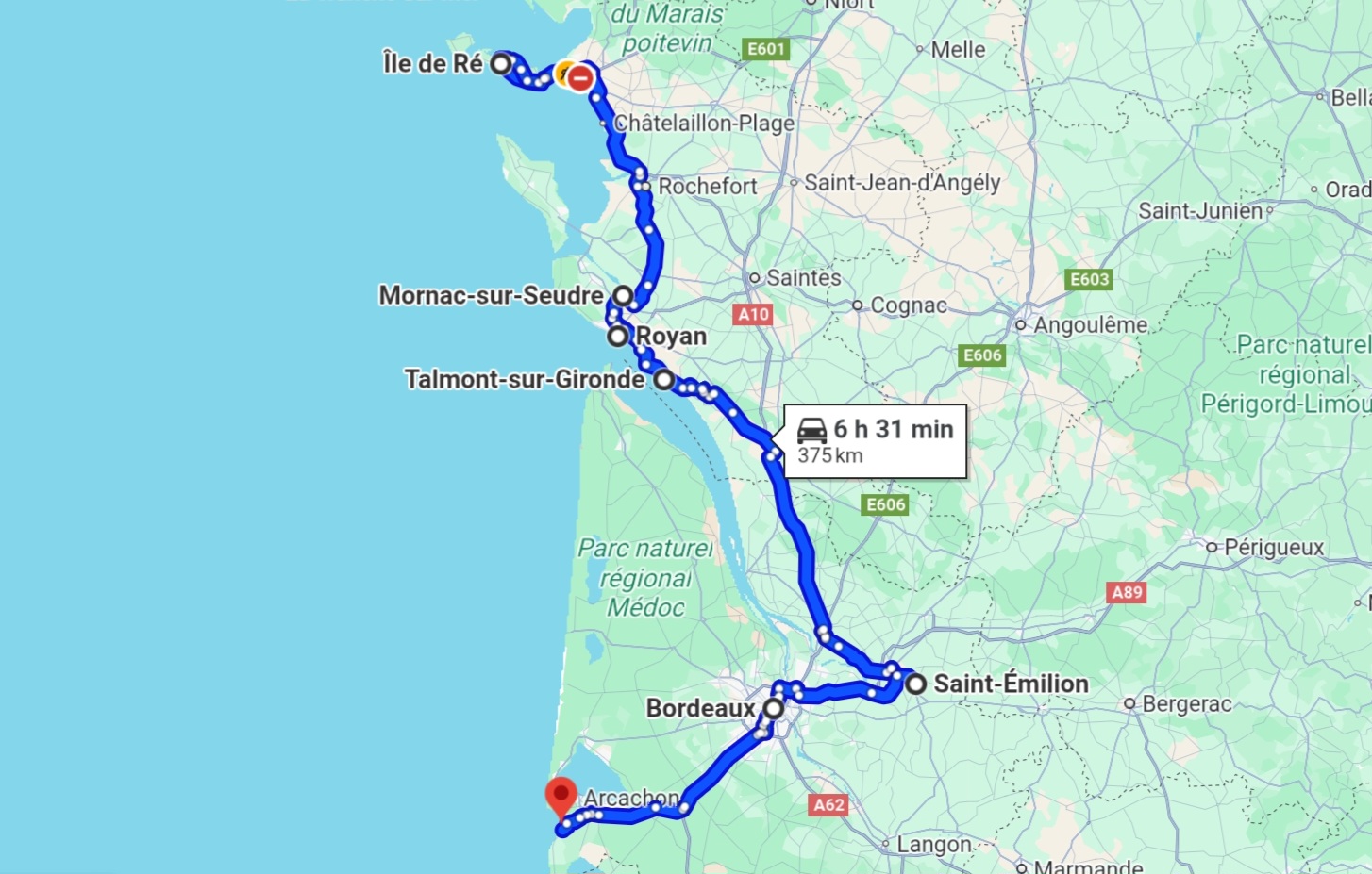 Carte Itinéraire La Rochelle Dune du pilat