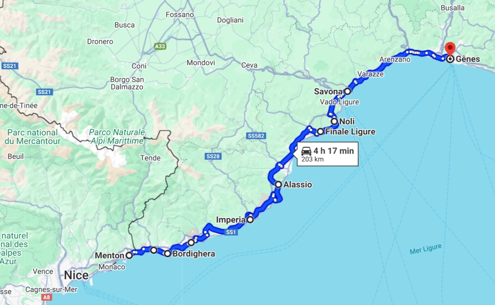Itinéraire sur Google Maps entre Menton et Gênes