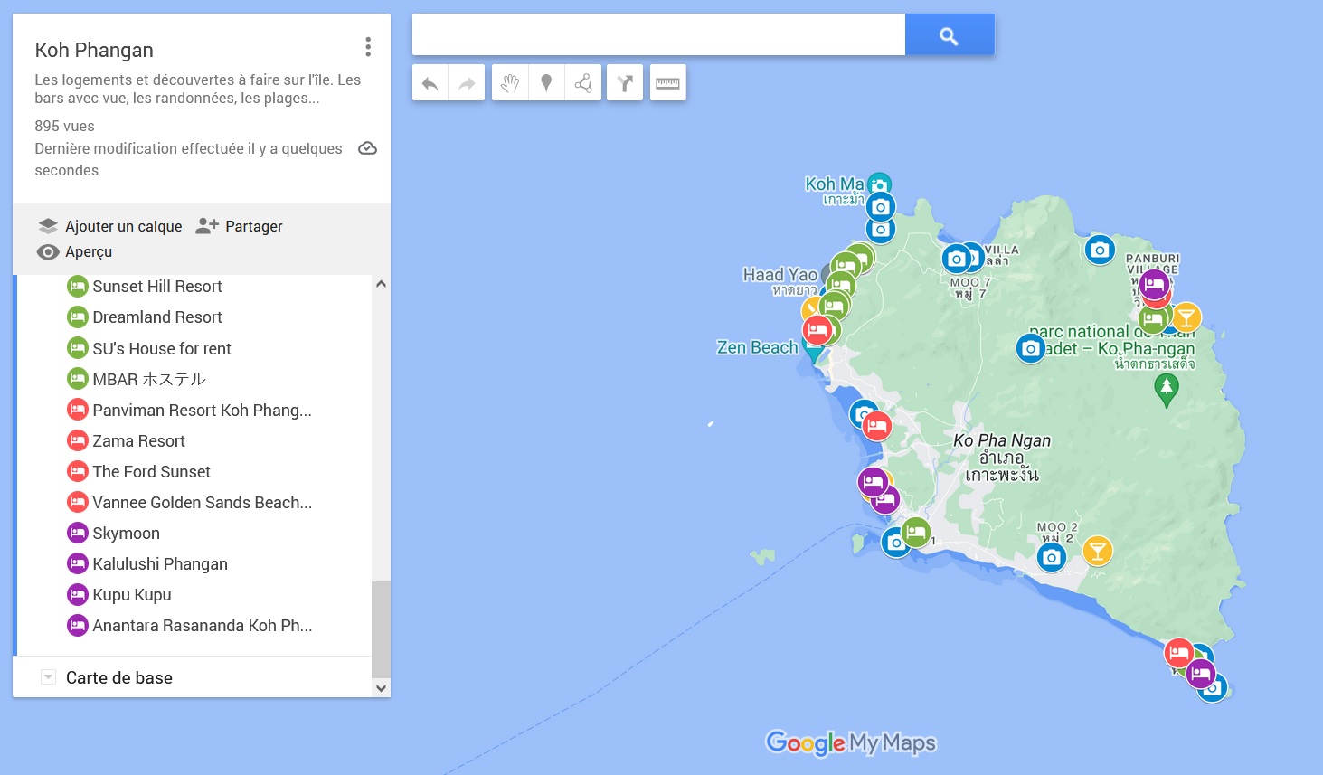 Koh Phangan Carte logements panoramas bars vues