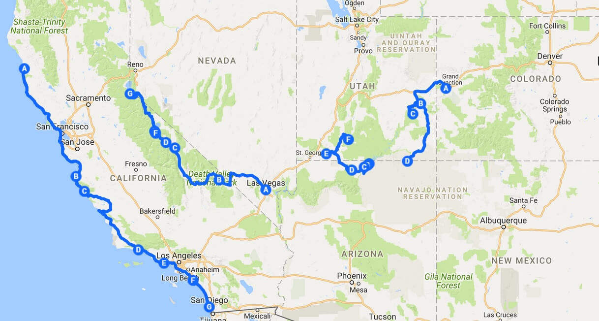 road trip ouest américain carte